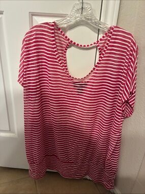 Lane Bryant Pink and White Striped Short Sleeve Keyhole Top
